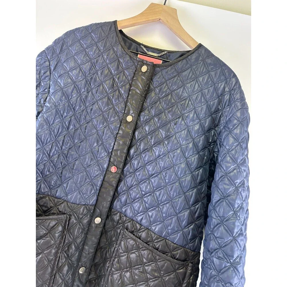 Kate Spade‎ Quilted Color Block Jacket Navy Black Snap Collarless Womens Large